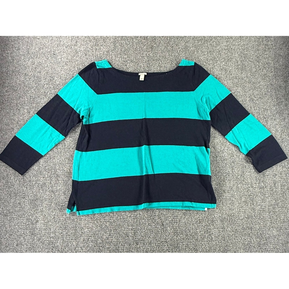 J.Crew Womens Navy Blue Teal Striped Boat‎ Neck 3/4 Sleeve Knit Top Size M